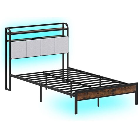 COSTWAY Double Size Bed Frame w/ LED Light & Charging Station-Brown (1/5)