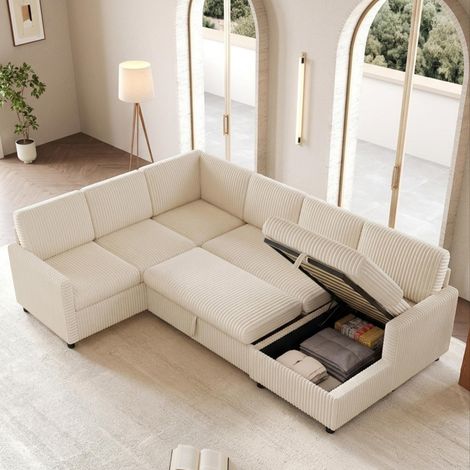 Canapé-lit d'angle moderne en forme de U avec fonction de couchage, canapé-lit extensible, tissu en velours côtelé, chaise longue avec rangement, beige, 220×274×85 cm (1/5)