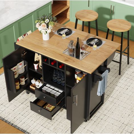 REDOM isla de cocina con 2 taburetes (137.9x45x92 cm), mesa abatible, con ruedas y almacenaje, MDF y metal, negro (1/5)