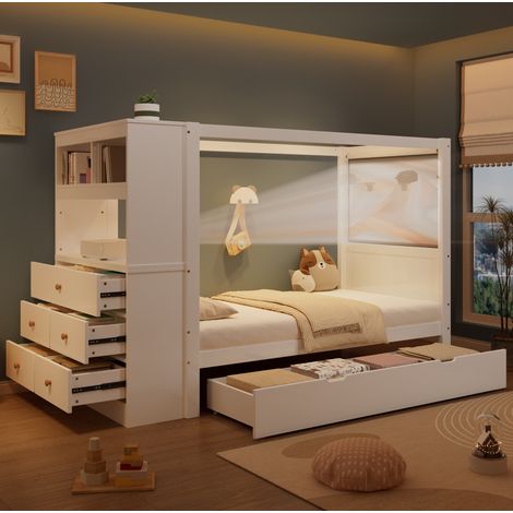 Cama infantil con almacenamiento y escritorio blanca OKMYHOME (1/5)