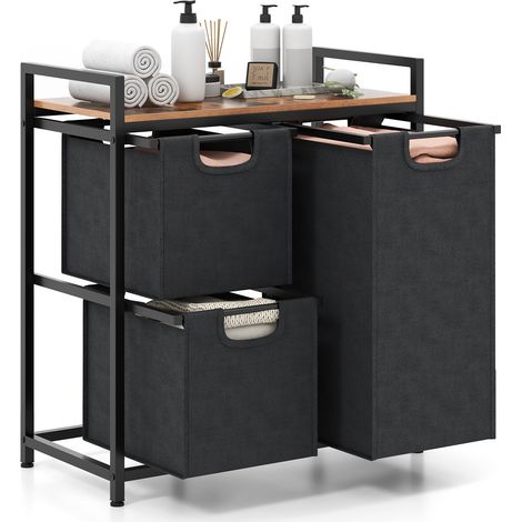 Laundry Basket Organizer Dirty Clothes Hamper with Shelf and 3 Removable Bags-Rustic Brown (1/5)
