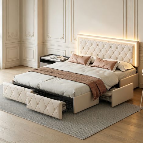 Erwachsenenbett mit 4 Schubladen, 160 x 200 cm – Kopfteil mit verstellbarer LED-Beleuchtung – Lattenrost in Lederoptik – Beige