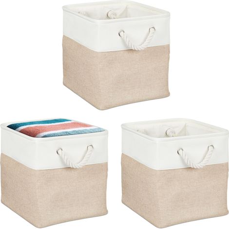 Relaxdays Aufbewahrungskorb, 3er Set, Leinen, mit Seilgriffen, Kleidung, Spielzeug, 28x28x28 cm, Regalkorb, beige/weiß
