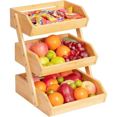 Cesto per la frutta in bambù a 2 ripiani con espositore e supporto per la frutta - Perfetto per la frutta (3 contenitori) (1/4)