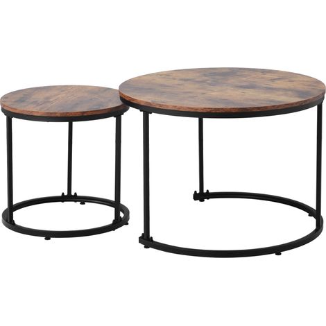 Ensemble de 2 tables basses rondes gigognes en MDF couleur bois brun avec cadre métal (1/5)