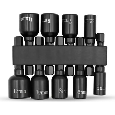 Jeu de 9 embouts hexagonaux magnétiques de 5 à 12 mm - Adaptateur en métal noir, sans support ni alimentation - Idéal pour les projets de bricolage