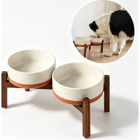 Gamelle surélevée pour chien - 1 bol - Céramique et bois d'acacia - Hauteur réglable ergonomique - Petits et moyens chiens - Design réversible (1/5)