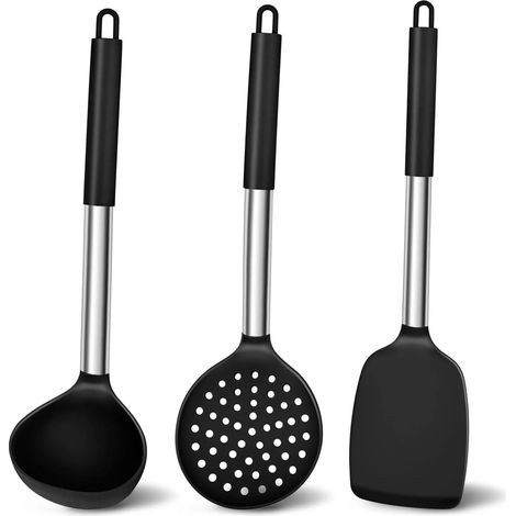 Küchenutensilien-Set, 3-teiliges Set aus Silikonspateln mit Edelstahlgriffen, schwarze, antihaftbeschichtete und hitzebeständige Küchenutensilien, geeignet zum Backen und Kochen, leicht zu reinigen, s