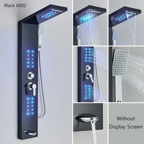 (6002 Noir) Panneau de douche, pommeau de douche effet cascade, mitigeur thermostatique, colonne de robinetterie (1/4)