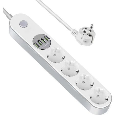 Multiprise USB avec parasurtenseur, 4 prises avec 4 ports USB, multiprise avec interrupteur, protection contre les surtensions et les surcharges pour plusieurs prises, multiprise électrique de 2 m (1/4)