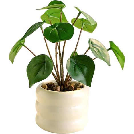 Bouquet de fleurs artificielles, fleurs en plastique longue durée, décoration intérieure. Caladium vert en forme de cœur dans un vase en forme de donut. (1/2)