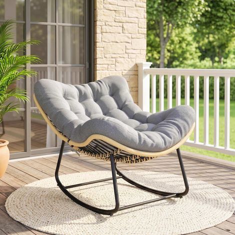 Fauteuil bascule jardin Gris int/ext rocking chair résine tressée coussin moelleux