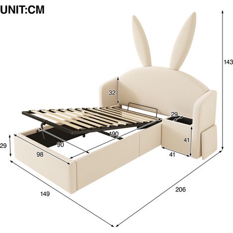 Lit capitonné 90x190cm avec tête de lit oreilles de lapin, lit enfant avec rangement hydraulique et table de chevet, lit doux en velours, beige (sans matelas) (1/4)