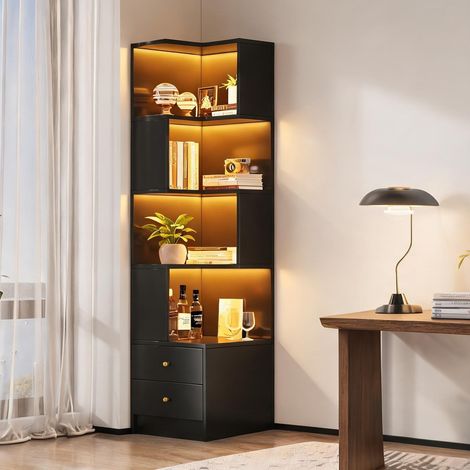 Étagère d'angle en MDF noir avec éclairage LED 4 niveaux et 2 (1/5)