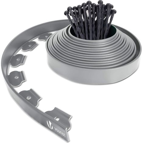 Bordure de Jardin en Plastique 5 mètres avec 15 Piquets d'ancrage Bordurette de Pelouse Flexible Bordure de Gazon avec piquets Solides Idée de Jardin Hauteur 50mm, Epaisseur 4mm Gris (1/5)