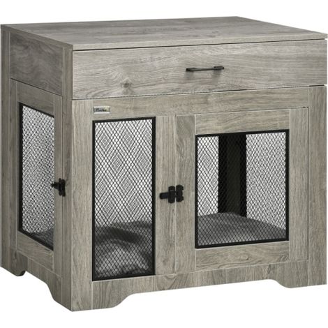 Grey Dog Cage End Table with Two Doors and Drawer for Medium Dogs - Stylish and Functional Pet Furniture (1/5)