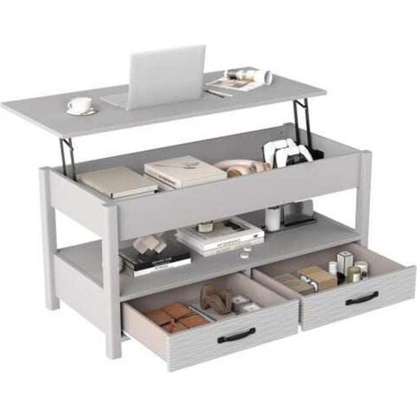 Plateau relevable facile, table basse avec hauteur réglable 50-63,5 cm, 2 tiroirs et rangement intégré (1/5)