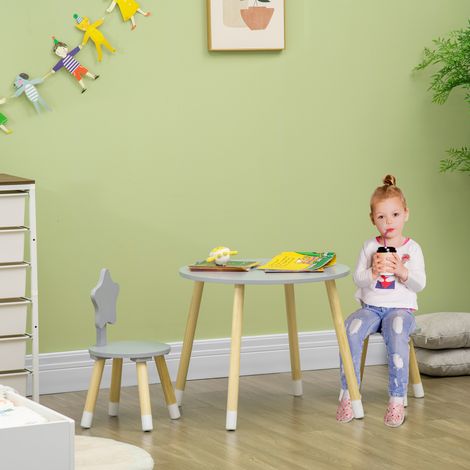 Ensemble table et 2 chaises en bois pour enfants. De 18 mois à 4 ans. Gris.