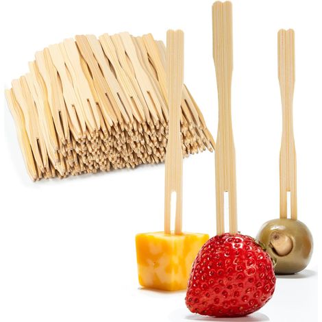 200 fourchettes à apéritif en bambou, fourchettes jetables en bambou de 8,9 cm (environ) pour aliments cuits, mini-fourchettes à apéritif, fourchettes à cocktail de mariage, petites pinces à apéritif (1/5)