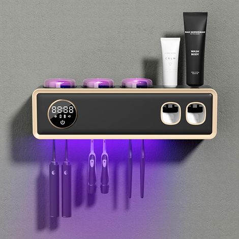 Soporte de pared negro con protección UV para cepillos de dientes, función de secado, pantalla táctil LED, 2 dispensadores de pasta de dientes y sistema de desinfección integrado. (1/5)