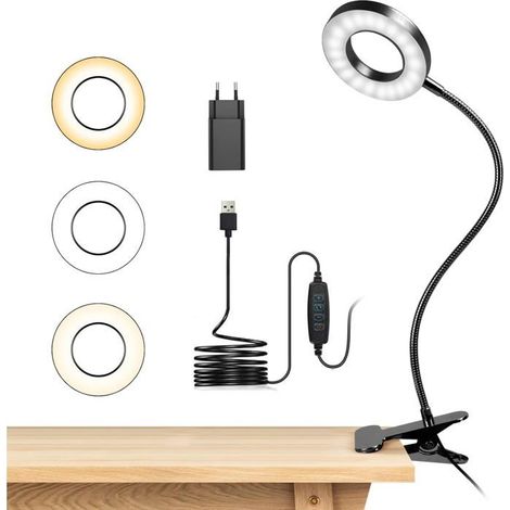 1 lampe de bureau à pince, col de cygne 360°, 3 modes d'éclairage & 10 niveaux de luminosité, LED USB, noir (1/5)