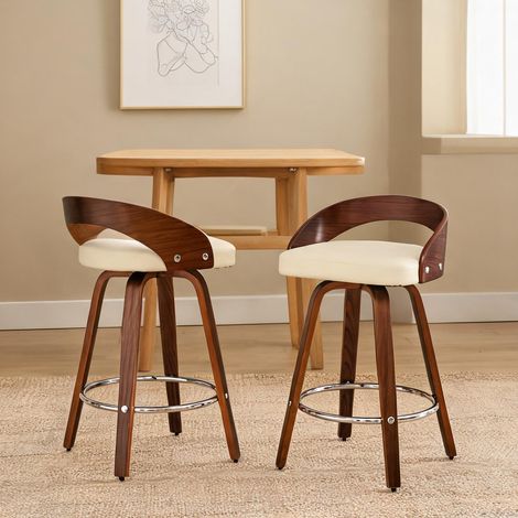 Tabourets de bar en bois et simili cuir beige assise pivotante (1/5)