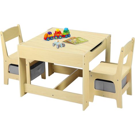 Magicfox – Ensemble table enfant 62x62x48.5 cm avec 2 chaises – Double face pour dessin et écriture – Boîtes de rangement intégrées – MDF naturel