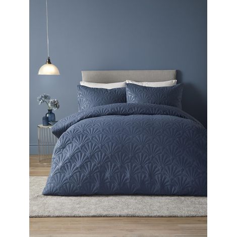 Housse de Couette brodée Florale Bleu foncé Lit Simple 140 x 200 cm Literie Doux au Toucher Motif Pinsonic Ultrasonique Couette gaufrée Bleu Marine