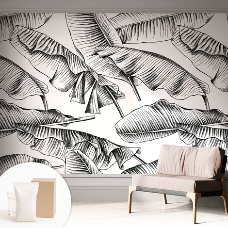 Papier peint intissé mural pour salon chambre à coucher tendance et originale - Colle incluse gratuite Feuilles de bananier 312x219 cm (1/5)