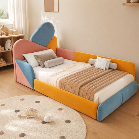 Cama infantil 90x200 cm tapizada, multicolor, con laterales altos y cabecero acolchado HAVRYA (1/5)