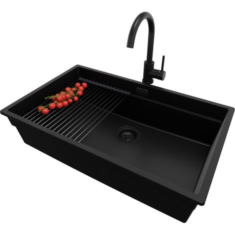 PRIMAGRAN Evier Sous Plan 76x47cm, Evier en Granit 1 bac + Robinet 32x20cm + Kit de Vidage + Égouttoir Enroulable, Évier au meuble 80cm - Prague, Tout Noir (1/5)