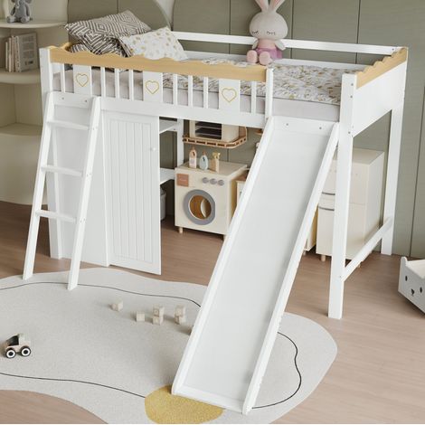 Letto a soppalco per bambini 90x200 cm bianco e naturale in pino e MDF con scivolo e armadi (1/5)