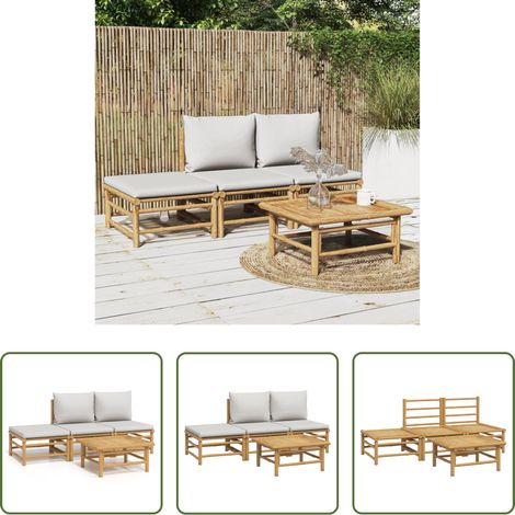 Bambusmöbel -  4-tlg. Garten-Lounge-Set mit Hellgrauen Kissen Bambus (1/5)