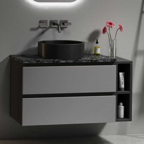 Meuble vasque mural, 80 cm de large, avec vasque en céramique, avec tiroirs, design moderne, noir et gris. (1/4)