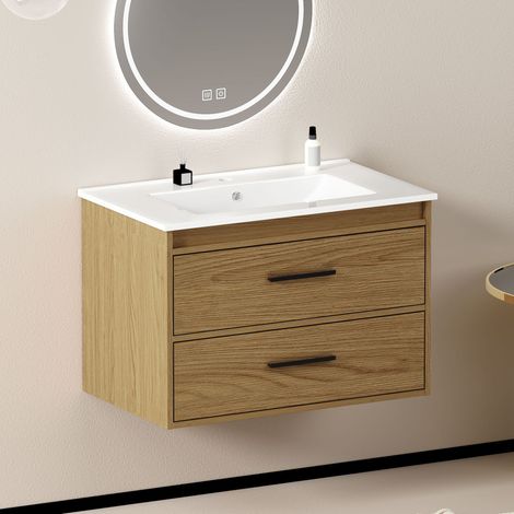 Mobile bagno in MDF e ceramica rovere chiaro 75 cm con 2 cassetti (1/5)