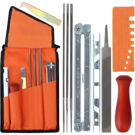 PA Kit Affutage Chaine Tronçonneuse - 1 Lime Affutage Tronconneuse Plate, 3 Lames Rondes, Poignée de Bois, Jauge Profondeur, Jauge Contrôle Rapide, Nettoyeur Rainure et Guide Laminage (1/5)