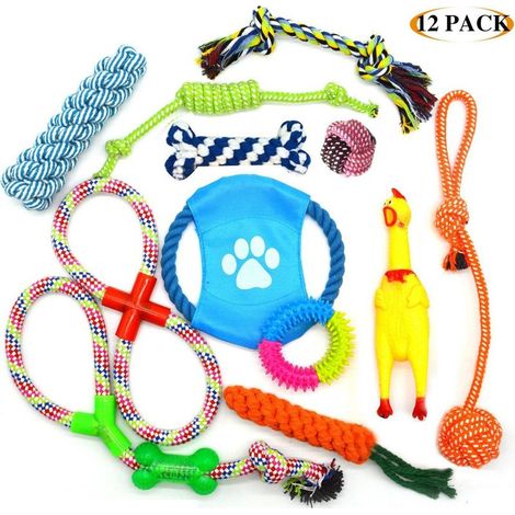 Ensemble de 12 jouets de dentition pour chiens – Convient aux chiots et aux chiens de petite et moyenne taille, comprenant des jouets interactifs en corde et des jouets en coton couineurs. (1/5)