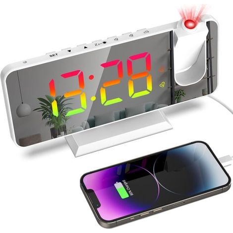 Longziming - Horloge à projection RGB avec double alarme – Affichage 7 couleurs, projection rotative à 180° et alimentation USB (1/5)