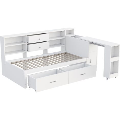Lit banquette en bois 90 x 200 cm, grand espace de rangement multifonctionnel, compartiments et étagères de rangement dissimulés, 2 grands tiroirs, prise multifonction, bureau escamotable, lit simple, (1/5)