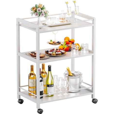 Chariot de bar à 3 niveaux avec roulettes et rangements blanc