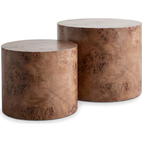 Set de 2 mesas auxiliares redondas anidadas de MDF con chapa burl marrón oscuro