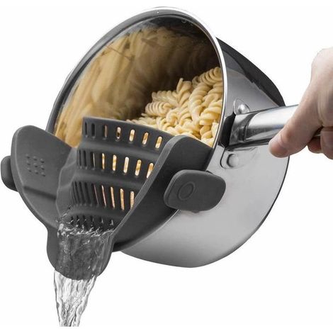 Scolapasta in silicone con clip per pentole e padelle, scolapasta con clip per carne, verdura e frutta, setaccio da cucina in silicone, grigio (1/2)