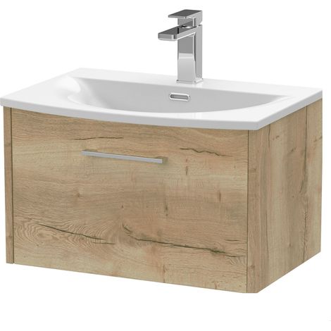 Winshill Contemporary 1 Drawer Wall Hung Vanity Unit with Curved Basin, Light Oak, 600mm