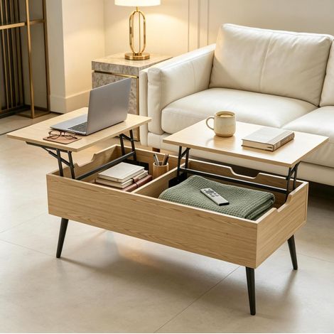 Table basse relevable 100 x 50 x 58 cm avec rangements noir et bois naturel OKMYHOME (1/5)