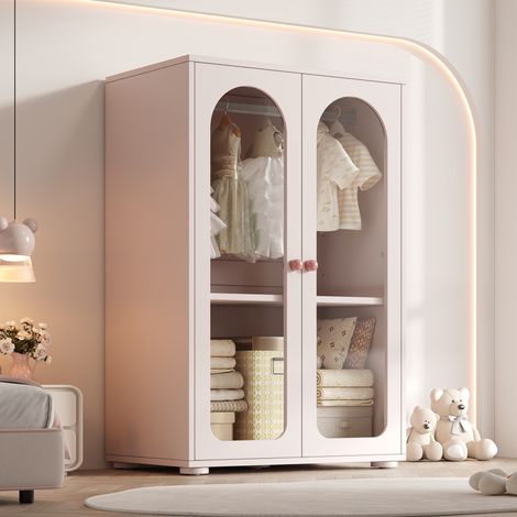 Armadio per cameretta 80x50x120 cm, guardaroba compatto con asta appendiabiti, 2 ante trasparenti in acrilico e maniglie, Rosa pastello (1/5)