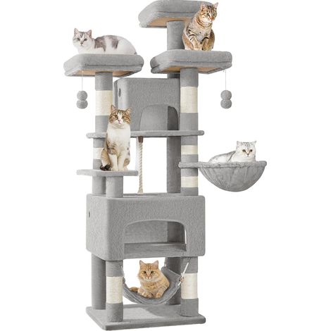Grand Arbre à Chat Hauteur 176 cm, avec 7 Griffoirs, Gris Clair (1/5)