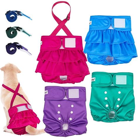 Couche Chien Femelle, Culotte chiennes chaleurs, Rose, Bleu Ciel, Vert, Violet, Bretelles pour Couches, l'incontinence, Voyage, S (1/5)