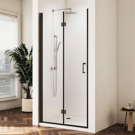 Schwarz Duschtür Nischentür 75x195cm Duschabtrennung Duschkabine Falttür Dusche Drehfalttür Nische 6mm NANO ESG Glas Faltbar Duschwand