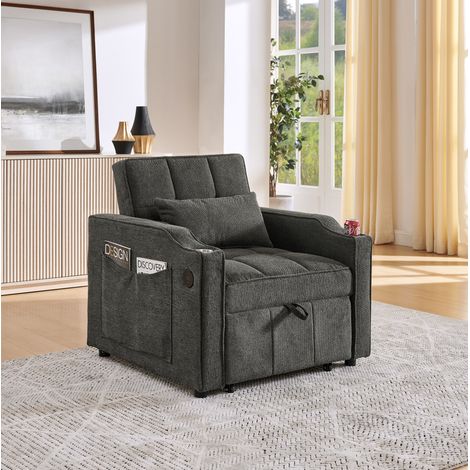Poltrona letto 190xx cm grigio scuro in legno e tessuto con USB-C, portabicchiere, tasche laterali e schienale regolabile (1/5)