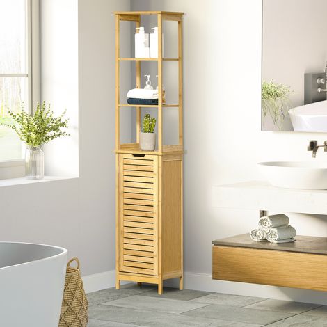 Hoher Badezimmerschrank aus Bambus mit 3 Ablagen und 1 Tür, Aufbewahrungssäule, 34 x 30 x 173 cm, Natur
